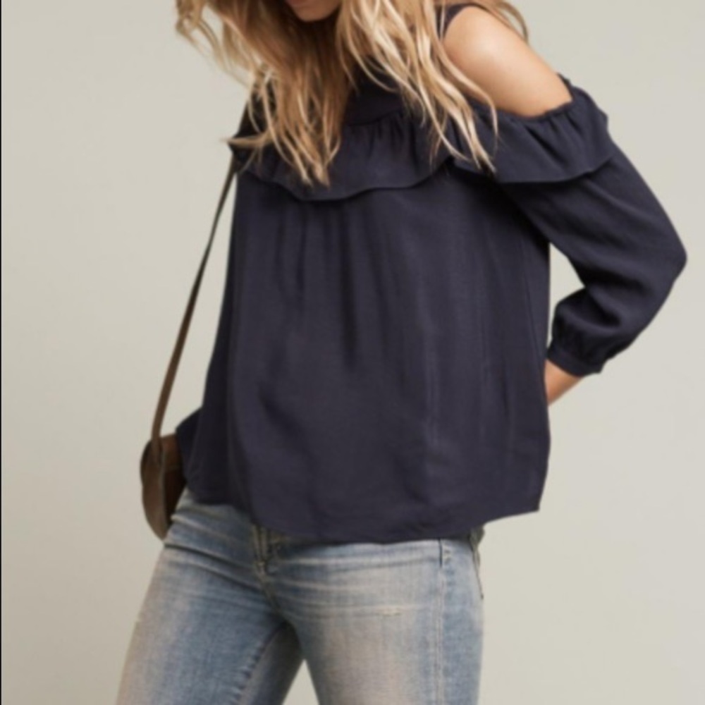 Anthropologie Maeve Brearly Cold Shoulder Ruffle Blouse